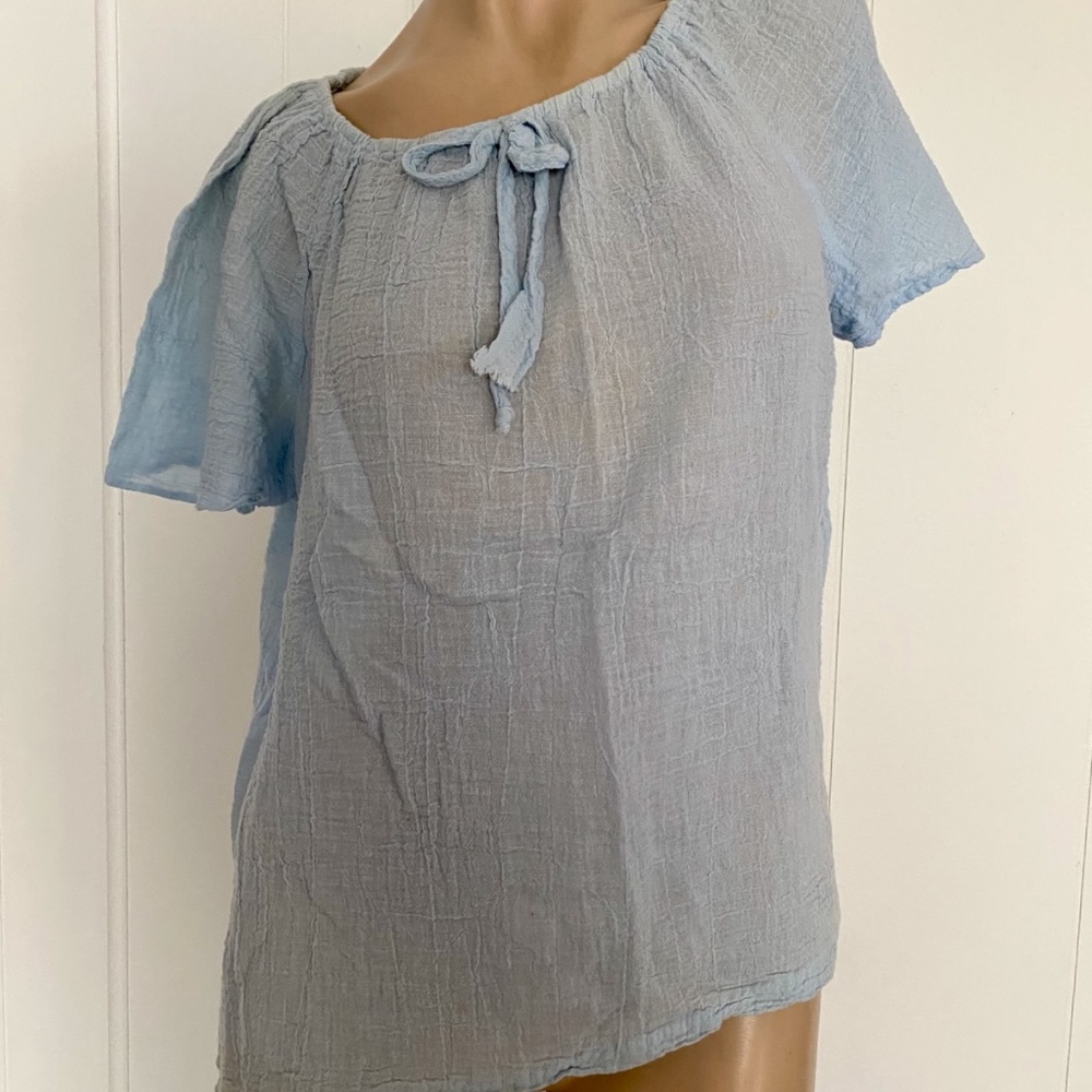 VTG 1970s Baby Blue Cotton Gauze Blouse Sz L B38